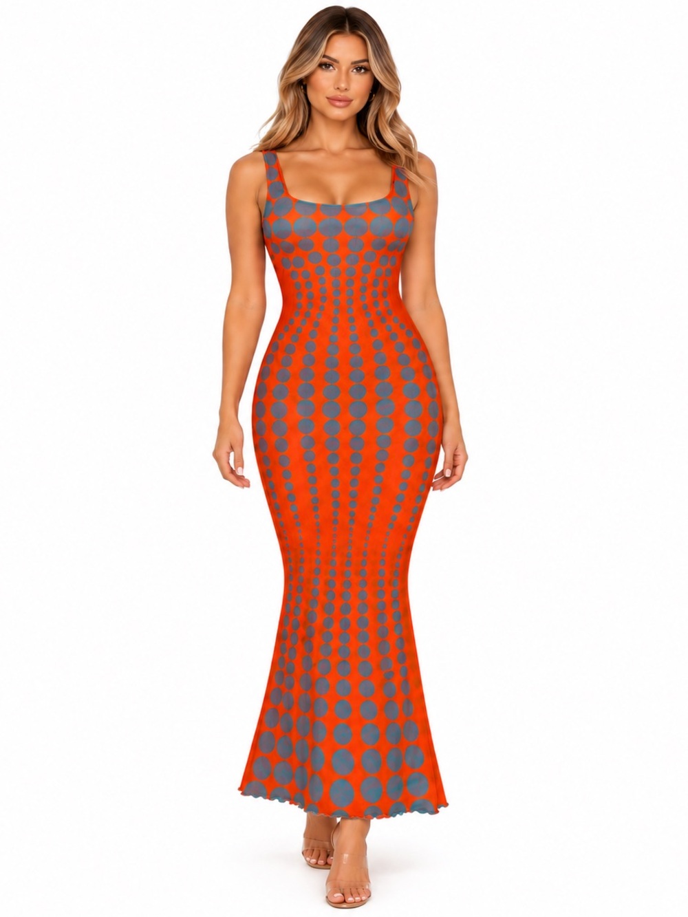 Fashion Nova Orange and Gray Polka Dot Maxi Dress